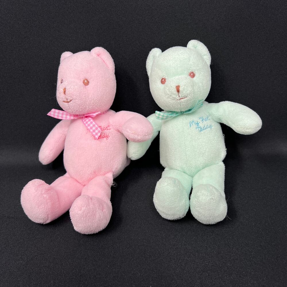 Gund Babys‎ First Teddy Set of 2 Bears Pink Mint Green 5717 Plush Gingham Bow 8"